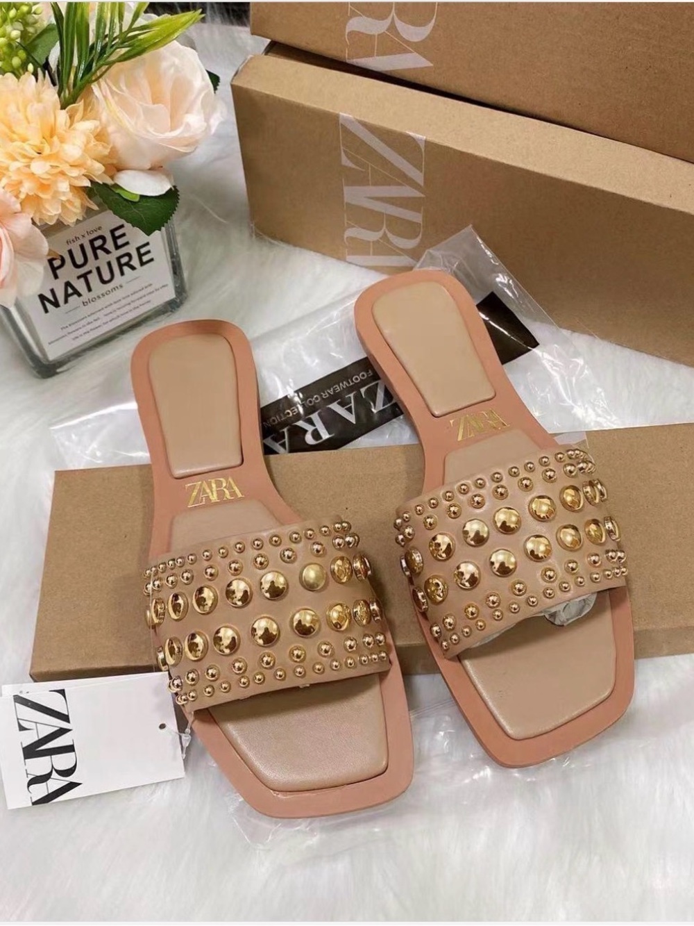 Zara Rose-Beige Studded Slide Sandals with Gold Accents